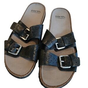 Earth ~Sand‎ Antigua Black Leather Floral Cutout Buckle Slide Sandals Size 8M